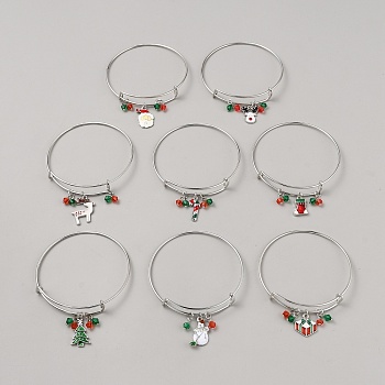 8Pcs 8 Style Christmas Theme Adjustable Alloy Bangles Set, with Enamel & Plastic Beads Charms, Mixed Color, Inner Diameter: 2-1/2 inch(6.3cm), 1Pc/style
