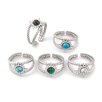 Sun 304 Stainless Steel Open Cuff Rings, Synthetic Turquoise & Malachite Rings for Women, Stainless Steel Color, Adjustable