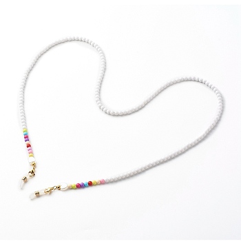 Acrylic Eyeglasses Chains, with 304 Stainless Steel Lobster Claw Clasps & Acrylic Heart Beads, Rubber Loop End, White, 31.89 inch(81cm)
