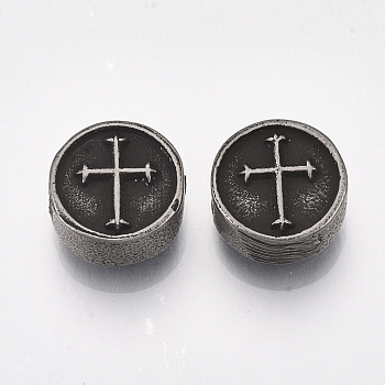 304 Stainless Steel Beads, Flat Round with Cross, Gunmetal, 11x5mm, Hole: 1.8mm