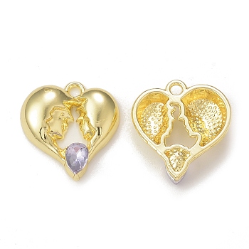 Rack Plating Alloy Glass Pendants, Golden, Heart Charms, Lavender, 19x18x4mm, Hole: 1.8mm