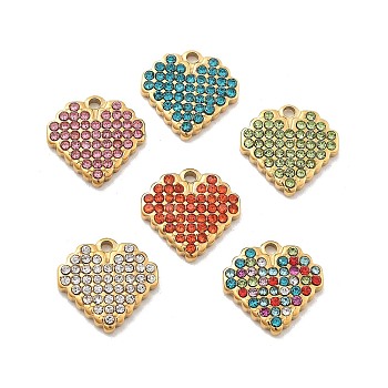 304 Stainless Steel Rhinestone Charms, Heart, Ion Plating(IP), Real 14K Gold Plated, Mixed Color, 11.5x11.5x2mm, Hole: 1mm