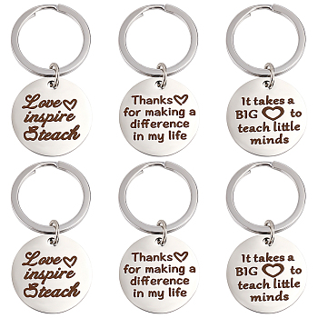 ARRICRAFT 6Pcs 3 Style 304 Stainless Steel Lettering Keychains, Teachers' Day Theme, Flat Round with Word, Stainless Steel Color, 5cm, 2pcs/style