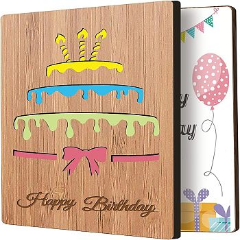 Bamboo Greeting Card & Paper Envelope with Bowknot, Rectangle with Hollow Pattern, Cake Pattern, 150~173x110~124x7mm, 2pcs/set