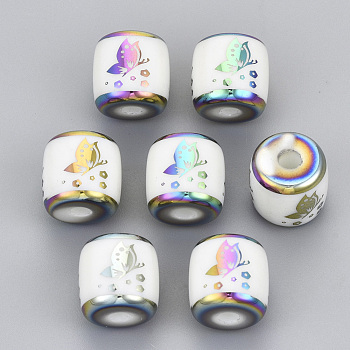 Electroplate Glass Beads, Column with Butterfly Pattern, Multi-color Plated, 11.5x11.5mm, Hole: 2.5mm