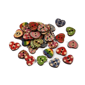 Wooden Buttons, 2-Hole, Heart, Mixed Color, 13x15x2.5mm, Hole: 1.5mm