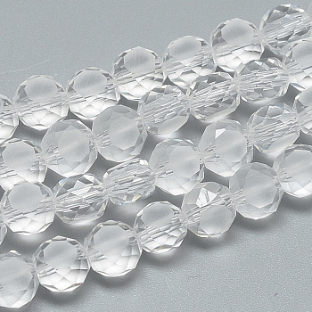 Frosted Glass Beads Strands, Faceted, Flat Round, Clear, 14x9~10mm, Hole: 2mm, about 50pcs/25.3 inch