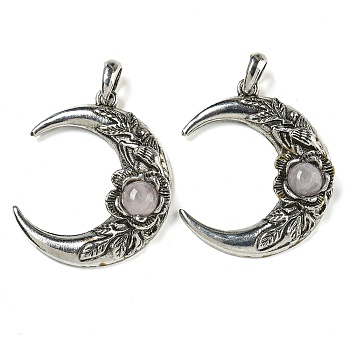 Natural Rose Quartz Pendants, Alloy Flower Crescent Moon Charms, Antique Silver, 43.5x35.5x8.5mm, Hole: 8x7mm