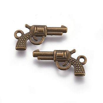 Zinc Alloy Gun Necklace Pendant, Revolver Pistol Charm, Lead Free and Cadmium Free, Antique Bronze, about 22mm long, 12mm wide, 3mm thick, hole: 2mm