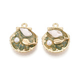 Luminous Rack Plating Alloy Resin and ABS Imitation Pearl and Porcelain Pendants, Shell Shape Charms, Golden, Cadmium Free & Nickel Free & Lead Free, Dark Khaki, 27.5x24x9mm, Hole: 2.2mm(ENAM-T091-69)