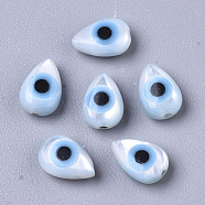 Natural White Shell Mother of Pearl Shell Beads, with Synthetic Turquoise, teardrop, with Evil Eye, Deep Sky Blue, 6x4x2~3mm, Hole: 0.7mm(SSHEL-N034-54)