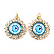 Rack Plating Brass Micro Pave Cubic Zirconia Pendants, with Glass, Long-Lasting Plated, Flower with Evil Eye, with Jump Ring, Real 18K Gold Plated, Deep Sky Blue, 23x20x5mm(KK-H486-21G-06)