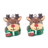 Resin Pendants, with Platinum Piated Iron Peg Bail, for Christmas'Day, Reindeer, Brown, 27x25x23mm, Hole: 2mm(RESI-M021-04)