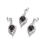 Natural Black Agate Pendants, with Platinum Tone Brass Findings and Crystal Rhinestone, Flower, Dyed & Heated, 37.3x15x9.8mm, Hole: 7x4.5mm(G-L512-G13)