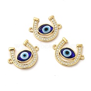 Rack Plating Real 18K Gold Plated Brass Micro Pave Clear Cubic Zirconia Connector Charms, Horseshoe Links, with Handmade Evil Eye Lampwork, Cadmium Free & Lead Free, Long-Lasting, Blue, 18.5x23x4mm, Hole: 1.5mm(ZIRC-L102-01G-01)