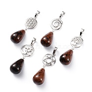 Yoga Chakra Jewelry, Natural Mahogany Obsidian Pendants, with Platinum Plated Brass Findings, Teardrop & Votex/Om Symbol/Tree of Life/Flower of Life/Star of David, 42~45mm, Hole: 8x5mm(G-P441-B10)