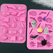 Halloween Theme Tombstone/Skull/Bat Cake Decoration Food Grade Silicone Molds, Fondant Molds, for Chocolate, Candy, UV Resin & Epoxy Resin Craft Making, Pearl Pink, 125x182x14mm, Inner Diameter: 14~36x23~43mm(DIY-E067-04)
