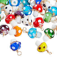 PandaHall Elit 30Pcs Handmade Lampwork Charms, with Copper Wire, Light Gold, Mushroom, Mixed Color, 15~17x10mm, Hole: 1.5~2mm(FIND-PH0007-96)