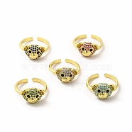 Cubic Zirconia Bear Open Cuff Ring, Golden Brass Jewelry for Women, Mixed Color, Inner Diameter: 17mm(KK-A180-37G)