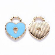 Alloy Enamel Charms, Heart Lock, Light Gold, Deep Sky Blue, 13x11x1.5mm, Hole: 3x4mm(ENAM-S121-039D)