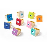 Square Enamel with Evil Eye Wide Band Finger Rings, Real 18K Gold Plated Brass Adjustable Rings for Women Men, Mixed Color, 18.5mm, Inner Diameter: 17mm(RJEW-A014-02G-M)