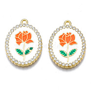 Rack Plating Alloy Enamel Pendants, with Crystal Rhinestone, Cadmium Free & Nickel Free & Lead Free, Light Gold, Oval with Flower of Life, Dark Orange, 27x19.5x2.5mm, Hole: 1.6~1.8mm(PALLOY-S132-337D)