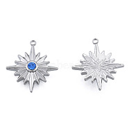 304 Stainless Steel Pendants, with Sapphire Rhinestone, Star, Stainless Steel Color, 21.5x19x3.5mm, Hole: 1.4mm(STAS-N098-167P)