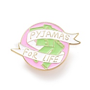 Pyjamas for Life Word Enamel Pin, Flat Round  Enamel Brooch for Backpack Clothes, Golden, Pearl Pink, 24.5x33.5x9.5mm, Pin: 1mm.(JEWB-O005-N05)
