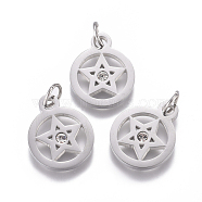 316 Surgical Stainless Steel Charms, with Micro Pave Cubic Zirconia and Jump Ring, Long-Lasting Plated, Pentacle, Clear, Real Platinum Plated, 15x12x1.5mm, Hole: 3.5mm(STAS-L242-04P)