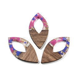 Walnut Wood Pendants, Resin & Gold Foil, Oval, Camellia, 47.5x24x3.5mm, Hole: 2mm(FIND-Z050-06A)