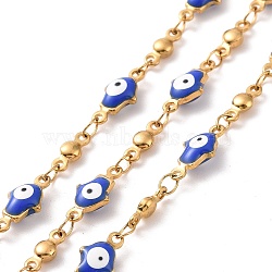 Enamel Hamsa Hand with Evil Eye Link Chains, with Ion Plating(IP) 304 Stainless Steel Findings, Golden, Unwelded, with Spool, Blue, 11.5x5.5x3mm, 8x3x2mm(CHS-G023-02G-01)