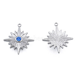 304 Stainless Steel Pendants, with Sapphire Rhinestone, Star, Stainless Steel Color, 21.5x19x3.5mm, Hole: 1.4mm(STAS-N098-167P)