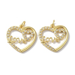 Brass Cubic Zirconia Pendants, Long-Lasting Plated, with Jump Ring, Heart with Love, Real 18K Gold Plated, 20x20x2mm, Jump Ring: 5x1mm, Inner Diameter: 3mm(KK-Z016-05G)