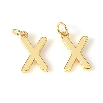 Brass Charms, with Jump Rings, Letter, Real 18K Gold Plated, Letter.X, X: 10x6.5x1mm, Hole: 2.5mm