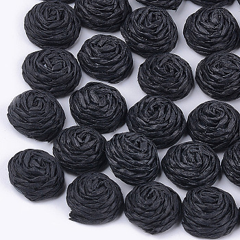 Handmade Paper Woven Cabochons, Covered with ABS Plastic, Half Round with Flower, Black, 15~16x7.5~8mm