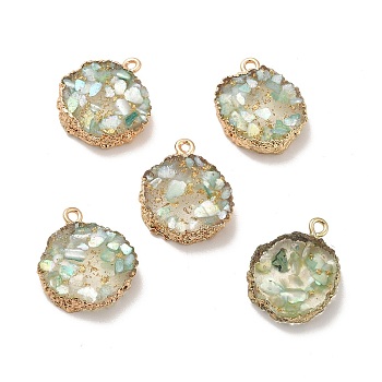 Transparent Resin Pendants, Nuggets Charm, with Light Gold Tone Iron Findings and Gold Foil, Dark Sea Green, 21~23x17~20x5.5mm, Hole: 1.6mm