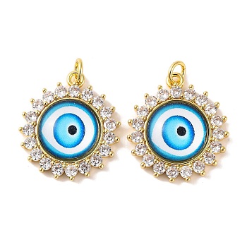 Rack Plating Brass Micro Pave Cubic Zirconia Pendants, with Glass, Long-Lasting Plated, Flower with Evil Eye, with Jump Ring, Real 18K Gold Plated, Deep Sky Blue, 23x20x5mm