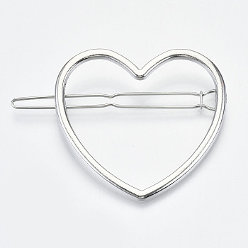 Alloy Hollow Geometric Hair Pin, Ponytail Holder Statement, Hair Accessories for Women, Cadmium Free & Lead Free, Heart, Platinum, 44.5x48.5mm,Clip: 59.5x6mm long