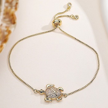 Ocean 304 Stainless Steel Micro Pave Cubic Zirconia Slider Bracelets, Link Bracelets for Women, Turtle, Real 18K Gold Plated, 10-1/4 inch(25.9cm)