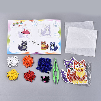 DIY 400Pcs Tube Fuse Beads Kits, with 1Pc Cat ABC Plastic Pegboards, 2Pcs Ironing Paper, 1Pc Plastic Beading Tweezers, Cat Pattern, Mixed Color, 5x5mm, Hole: 3mm