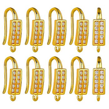 10 Pairs Brass Micro Pave Clear Cubic Zirconia Earring Hooks, Ear Wire, with Horizontal Loops, Rectangle, Real 18K Gold Plated, 16.5mm, Hole: 1mm, Pin: 1.1mm