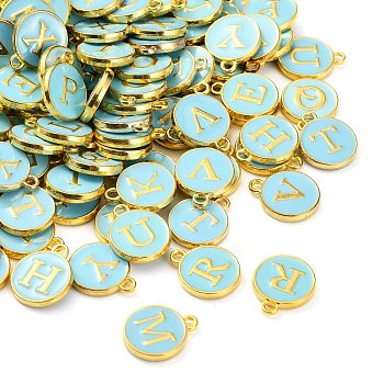 Alloy Enamel Charms, Cadmium Free & Lead Free, Enamelled Sequins, Flat Round, Random Mixed Letters, Golden, Sky Blue, 14x12x2mm, Hole: 1.5mm
