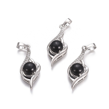 Natural Black Agate Pendants, with Platinum Tone Brass Findings and Crystal Rhinestone, Flower, Dyed & Heated, 37.3x15x9.8mm, Hole: 7x4.5mm