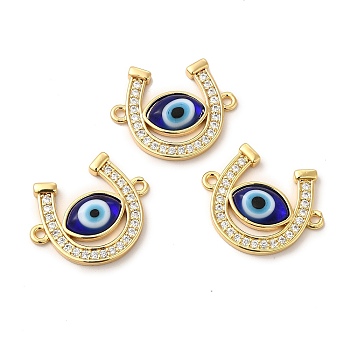 Rack Plating Real 18K Gold Plated Brass Micro Pave Clear Cubic Zirconia Connector Charms, Horseshoe Links, with Handmade Evil Eye Lampwork, Cadmium Free & Lead Free, Long-Lasting, Blue, 18.5x23x4mm, Hole: 1.5mm