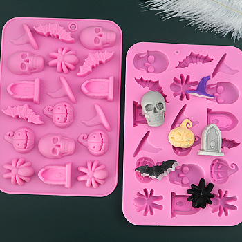 Halloween Theme Tombstone/Skull/Bat Cake Decoration Food Grade Silicone Molds, Fondant Molds, for Chocolate, Candy, UV Resin & Epoxy Resin Craft Making, Pearl Pink, 125x182x14mm, Inner Diameter: 14~36x23~43mm