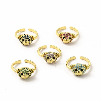 Cubic Zirconia Bear Open Cuff Ring, Golden Brass Jewelry for Women, Mixed Color, Inner Diameter: 17mm
