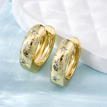 Clear Cubic Zirconia Star Hoop Earrings, Brass Chunky Earrings for Women, Cadmium Free & Nickel Free & Lead Free, Real 18K Gold Plated, 20x6mm, Pin: 1mm