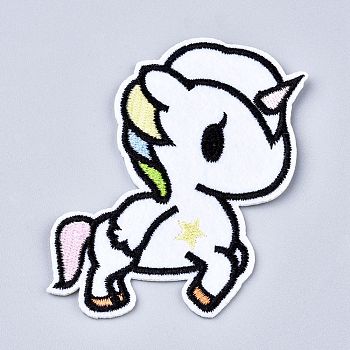Computerized Embroidery Cloth Iron on/Sew on Patches, Costume Accessories, Appliques, Cartoon Unicorn, White, 81x49x1.3mm