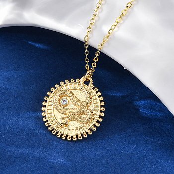 Brass Micro Pave Clear Cubic Zirconia Flat Round with Snake Pendant Necklaces, Real 18K Gold Plated, 17.48 inch(44.4cm), Pendant: 23.5x21.5mm