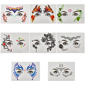 8 Sheets 8 Style Waterproof Self Adhesive Tattoo Stickers on Face, for Halloween Christmas Masquerade Party, Mixed Patterns, 0.5~11.8x0.45~13.4cm, 1 sheet/style
